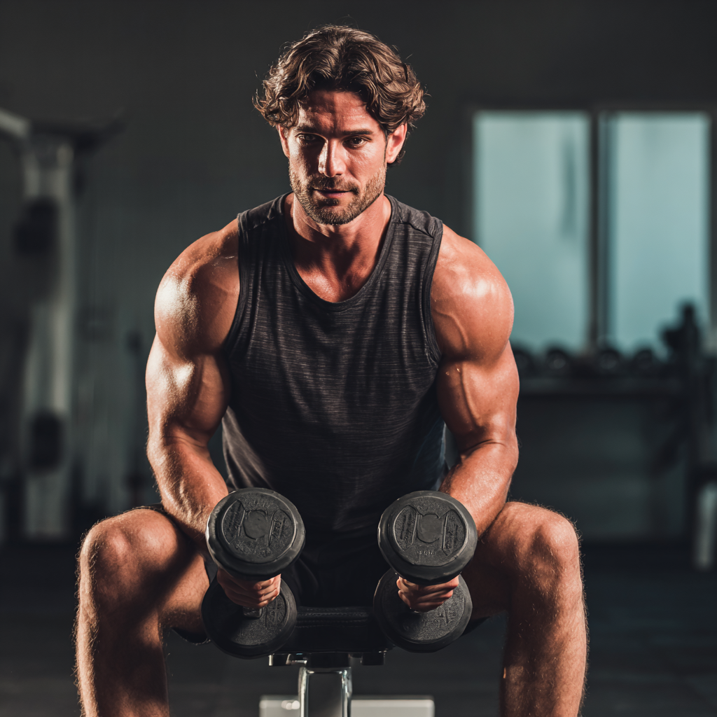 Muscular man doing strength training with dumbbells in modern gym