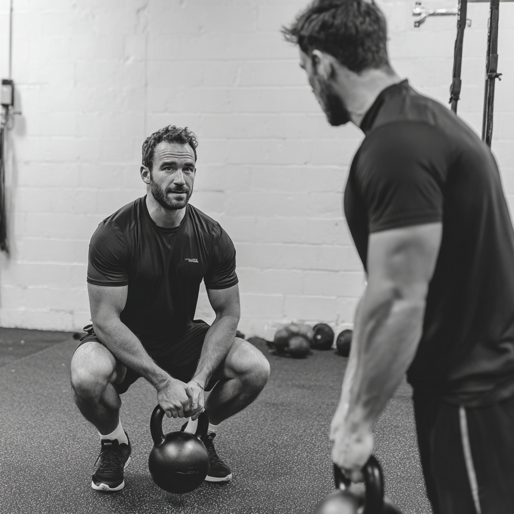 Personal trainer working with male client using kettlebells